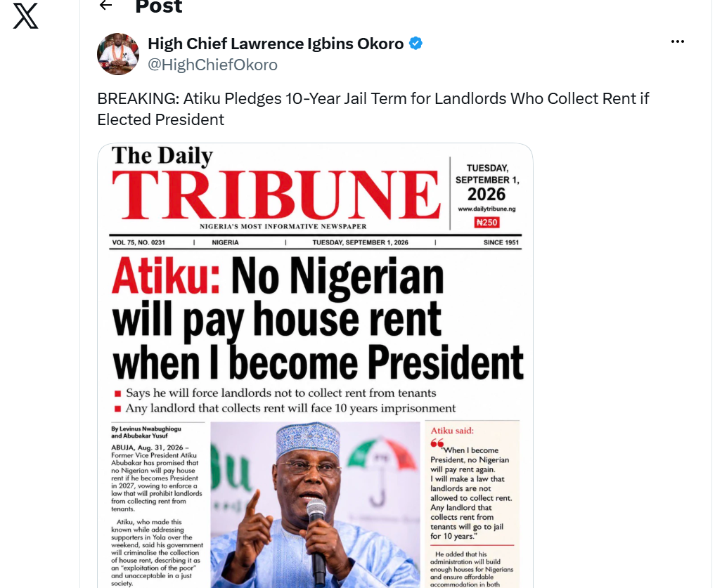 Atiku Pledges 10-Year Jail Term for Landlords Who Collect Rent if Elected President
